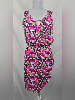 Macbeth Collection by Margaret Josephs Faux Wrap Colorful Mini Dress sz M